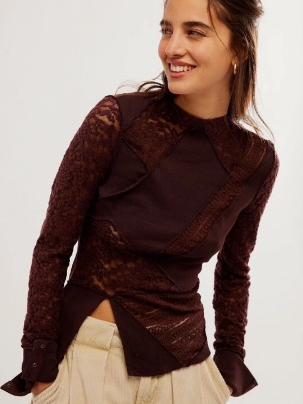 Free People First Frost Layering Lace Patchwork Slit Long Sleeve Top M NWOT